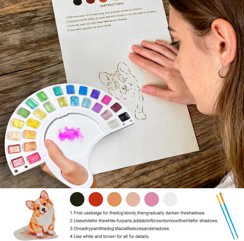 DPDPPL Watercolor Workbook, Water Coloring Book with 13 Pages 300GSM Paper, 26 Colors Watercolor Paint Set with Brush & Storage Bag, Beginner-Friendly Coloring Book for Adults - Animal Theme Art Kit - Image 3